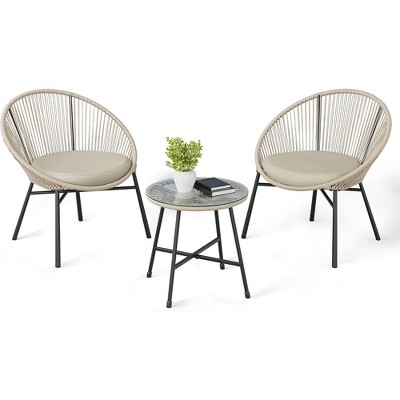 3 Pieces Outdoor Acapulco Chair Patio Bistro Set with Glass Top Table, Modern Patio Conversation Chairs Set of 2 for Balcony, Garden, Backyard