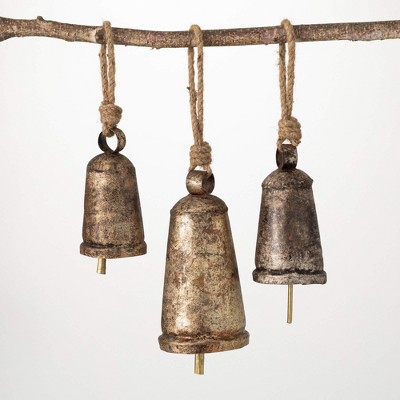 9"H  7.5"H and 5.5"H Sullivans Metal and Rope Bell Ornaments - Set of 3  Gold Christmas Ornaments