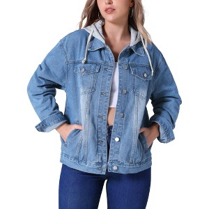 INSPIRE CHIC Women's Long Sleeve Button Down Detachable Hoodie Jean Jacket - 1 of 4