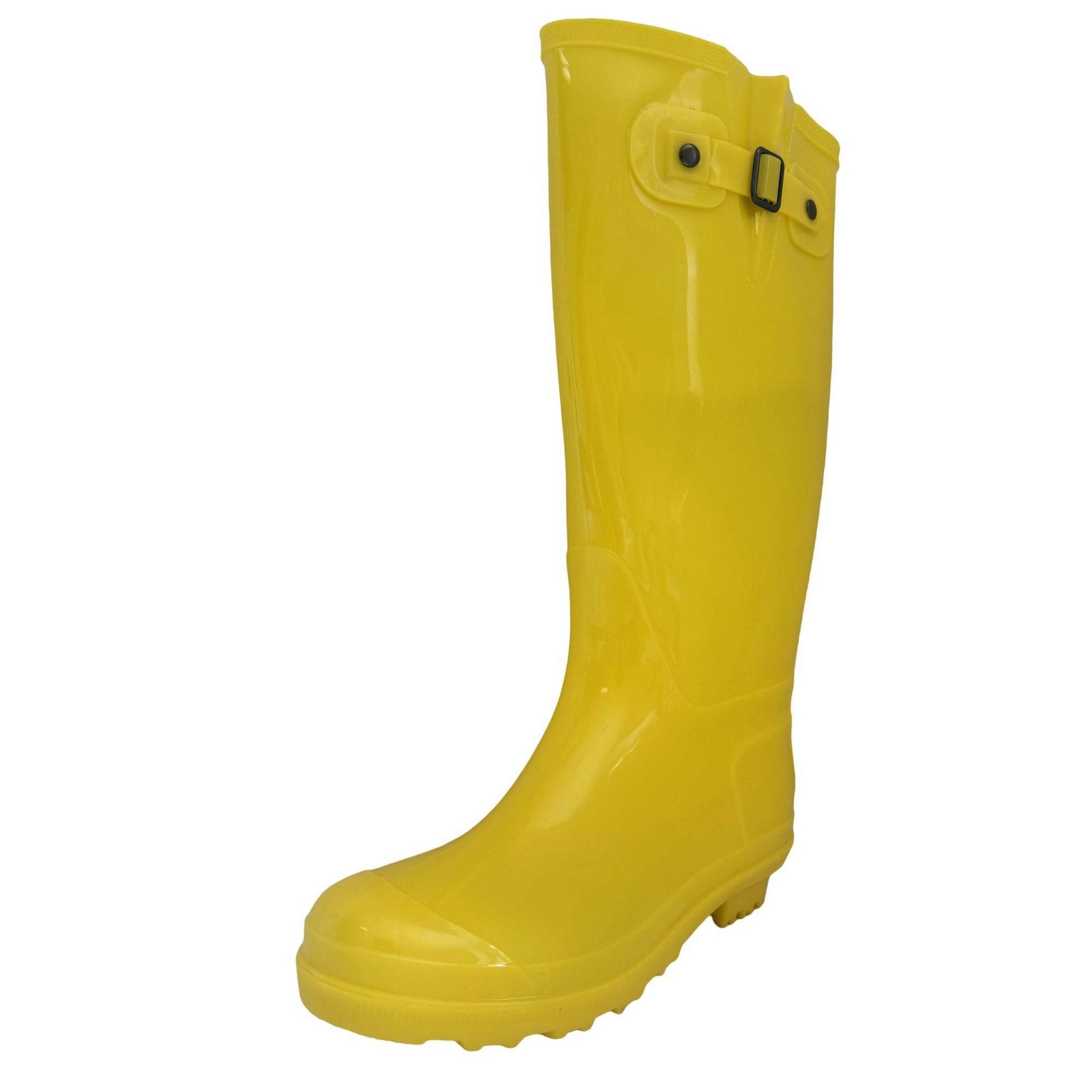 Women's Rain Boots Yellow Mid Calf Wellies Buckle Fashion Rubber Knee High