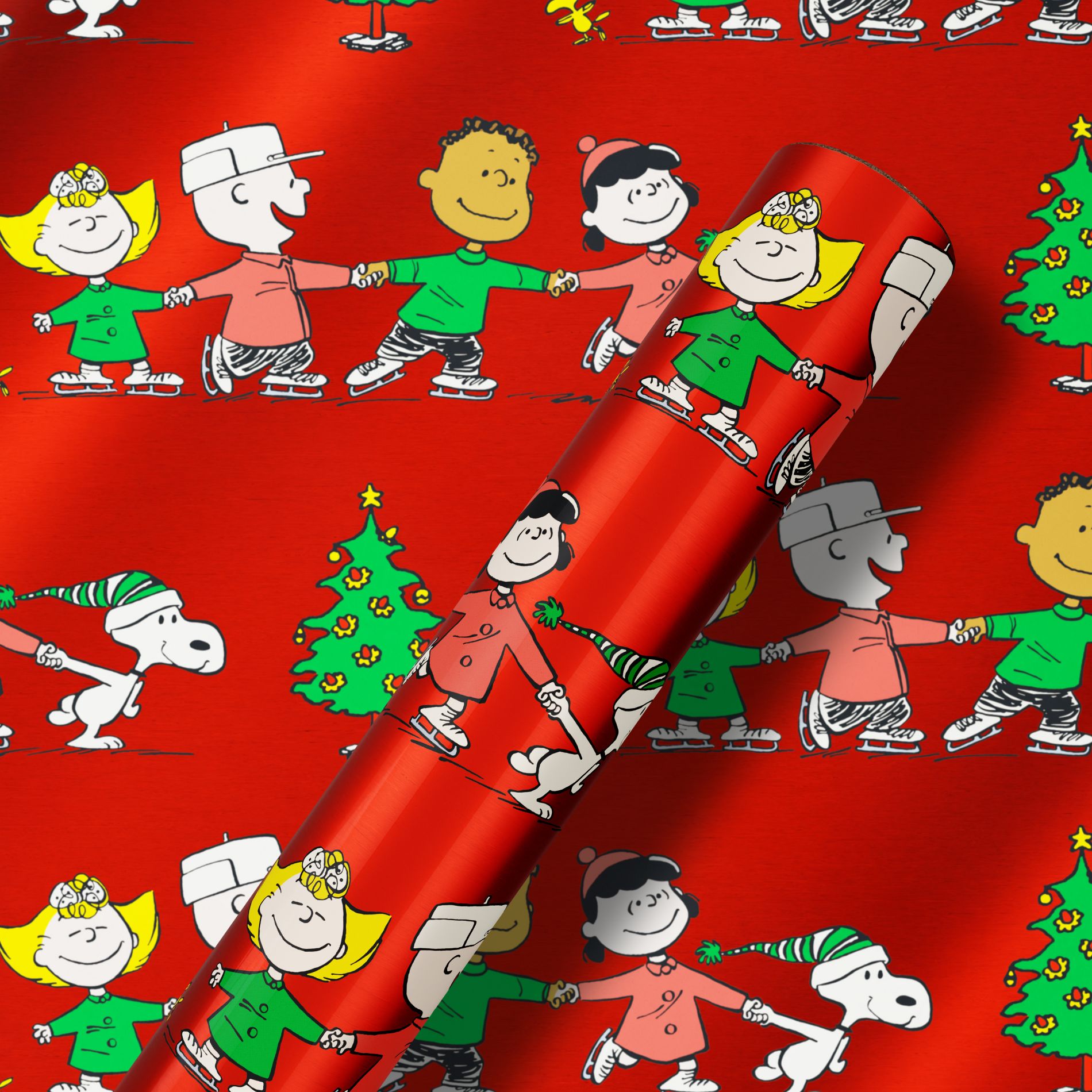 American Greetings 30" 25 sq ft Metallized Peanuts Ice Skating on Red Gift Wrap