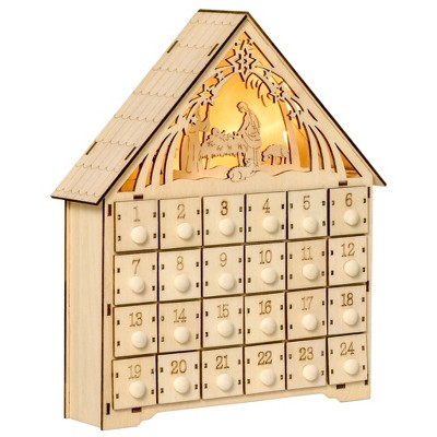 HOMCOM Christmas Advent Calendar Light Up Manger Scene Tabletop Xmas Wooden House Holiday Decoration with Countdown Drawer for kids Adults