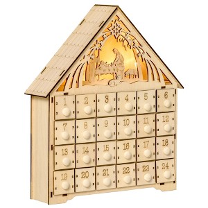 HOMCOM Christmas Advent Calendar Light Up Manger Scene Tabletop Xmas Wooden House Holiday Decoration with Countdown Drawer for kids Adults - 1 of 4