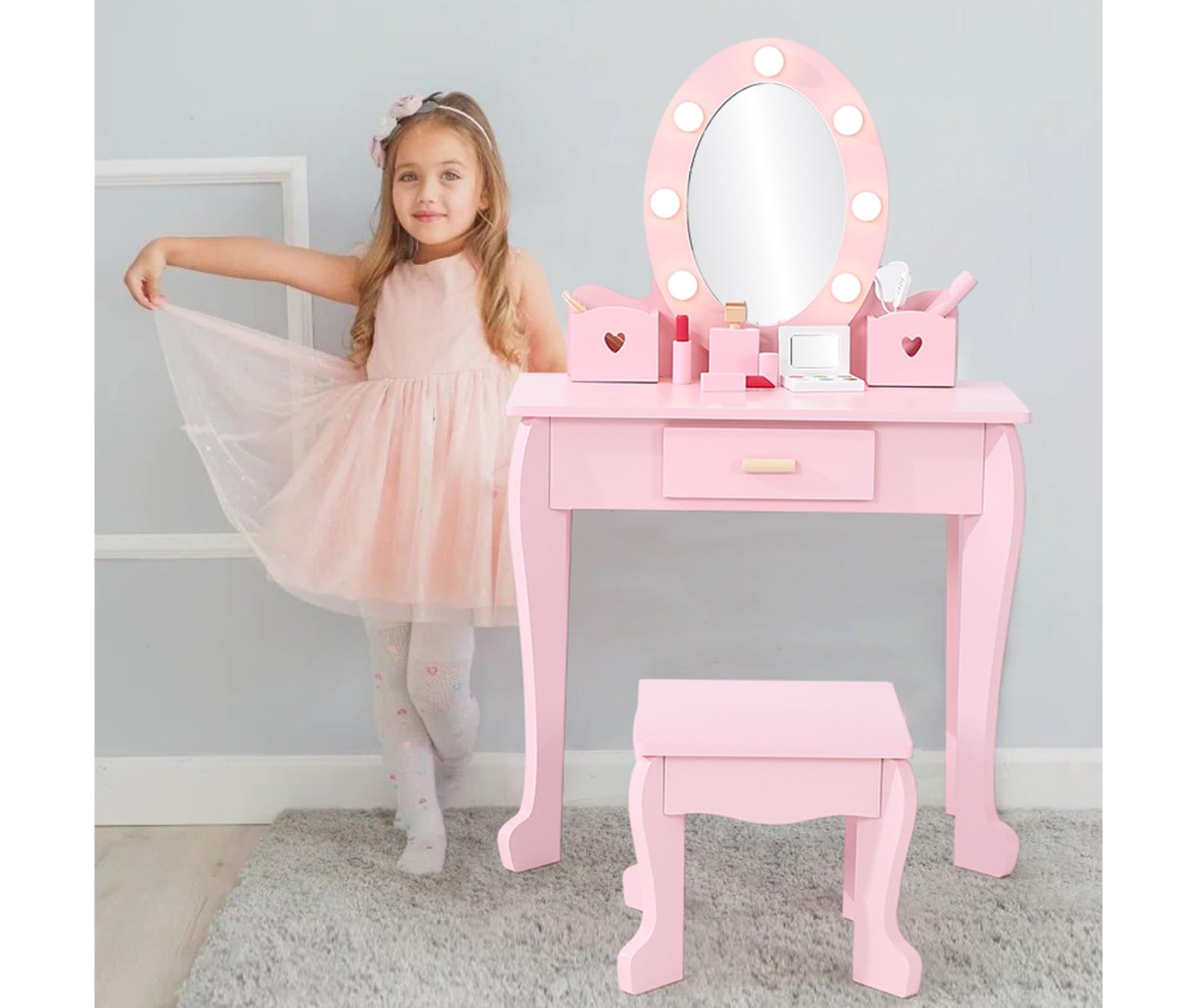 Lighted Kids Vanity Table Set with Chair - Toddler Makeup Playset for Girls - Perfect for Pretend Play & Grooming Fun