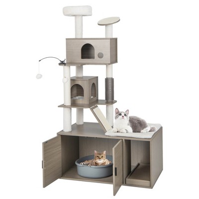 Tangkula Cat Tree with Litter Box Enclosure 2-in-1 Modern Cat Tower with Double Condos