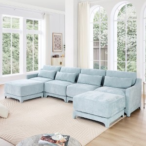 ModernLuxe Chenille Fabric Sofa with Ottoman & Lumbar Pillows, Ergonomic Sofa Couch for Living Room/Bedroom, Beige/Sky Blue/Green (2-4 Seats) - 1 of 4