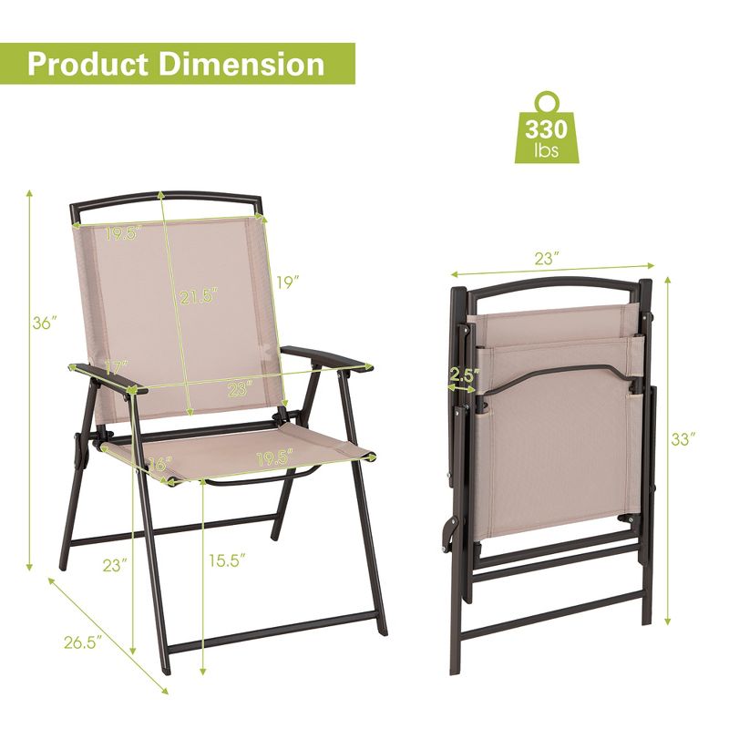 Costway 2 pcs Patio Folding Sling Dining Chairs Armrests Steel Frame Outdoor Beige/Grey, 4 of 9