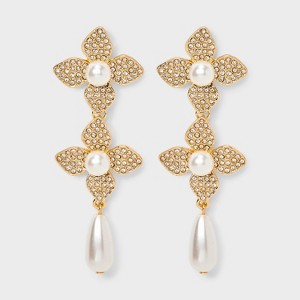 Dangle Flower with Teardrop Stone Earrings - Pearl: Zinc Alloy, Post Closure, Drop Style - 1 of 3