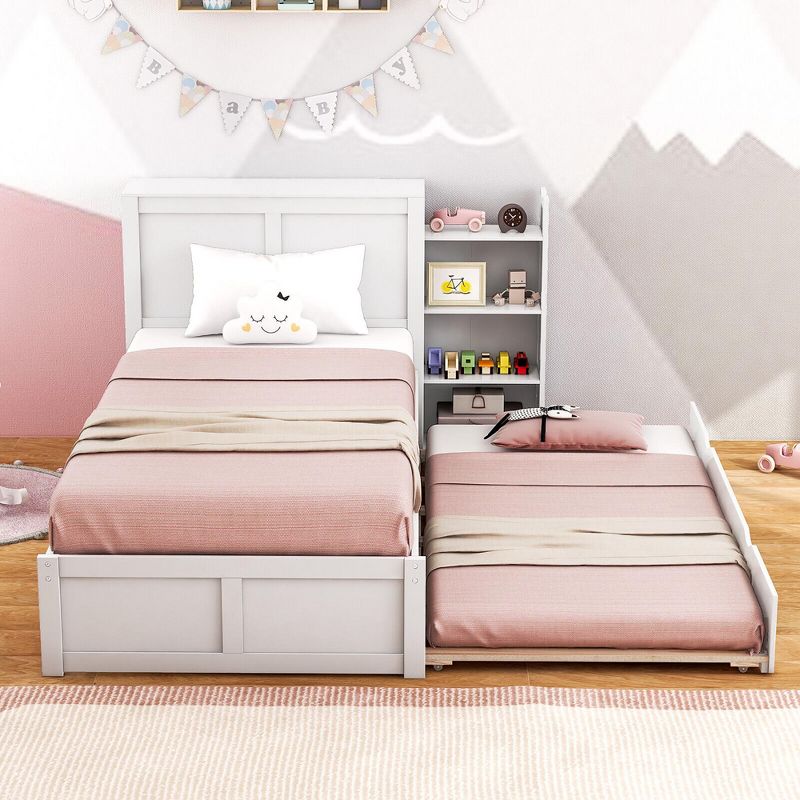 Tangkula Full/Twin Wooden Platform Bed with Trundle Storage Headboard Pull Out Shelves White, 3 of 10