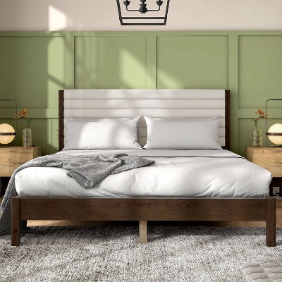 Adin Queen Dark Walnut Wood Frame Bed with White Boucle Upholstered Headboard