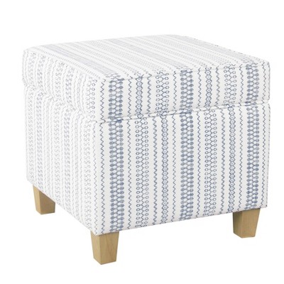 Farmhouse Blue Striped Square Storage Ottoman with Wood Legs