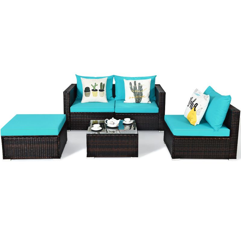 Tangkula 5PCS Patio Rattan Wicker Sofa Furniture Set Sectional Conversation Sofa Set Blue, 2 of 10