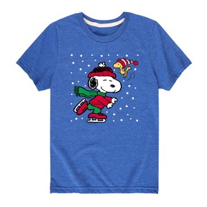 Boys' - Peanuts - Snoopy and Woodstock Christmas Skating Short Sleeve Graphic T-Shirt - 1 of 4