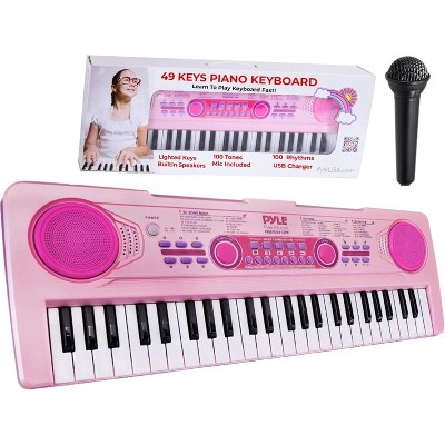 Pyle 49-Key Portable Kids Piano Keyboard & Wired Microphone - Rechargeable Battery, Fun Animal Sounds, Pink