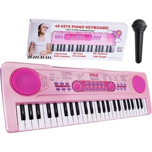 Pyle 49-Key Portable Kids Piano Keyboard & Wired Microphone - Rechargeable Battery, Fun Animal Sounds, Pink - 1 of 4