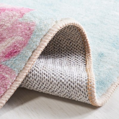 Aqua and Pink Floral Synthetic Washable Rectangular Rug