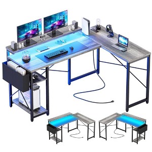 L Shaped Computer Gaming Desk with Power Outlet & LED Light - 1 of 4