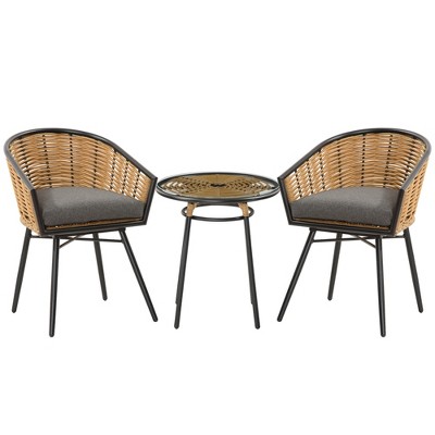Outsunny 3 Piece Patio Set, Outdoor Bistro Furniture, PE Rattan Wicker Table and Chairs, Cushioned, Barrel Style