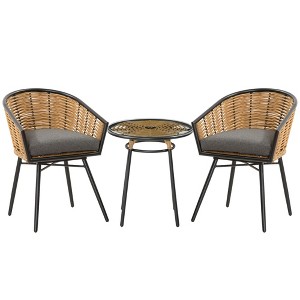 Outsunny 3 Piece Patio Set, Outdoor Bistro Furniture, PE Rattan Wicker Table and Chairs, Cushioned, Barrel Style - 1 of 4