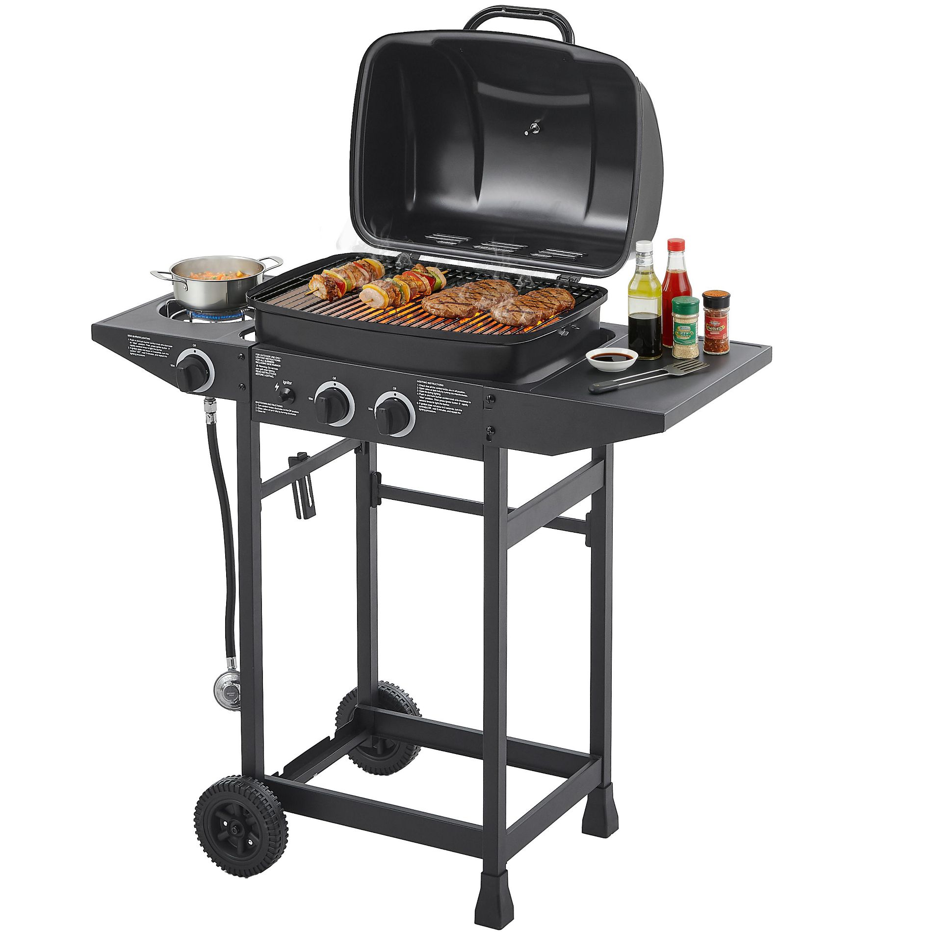 Outdoor Stainless Steel Gas Grill – 2 Main Burners with Side Burner, Includes Enameled Grates & Side Tables for Patio & Backyard