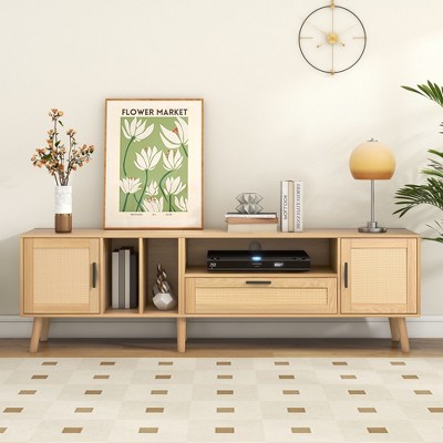 70.8"W Rattan TV Stand for TVs up to 80'', Media Console with 2 Cabinets & 1 Drawer, Entertainment Center with Solid Wood Legs, Natural - HABITRIO