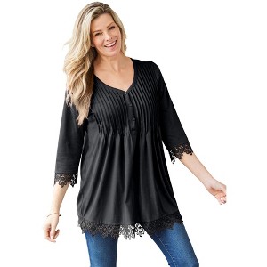 Woman Within Plus Size Pintuck Henley Crochet Trim Tunic - 1 of 4