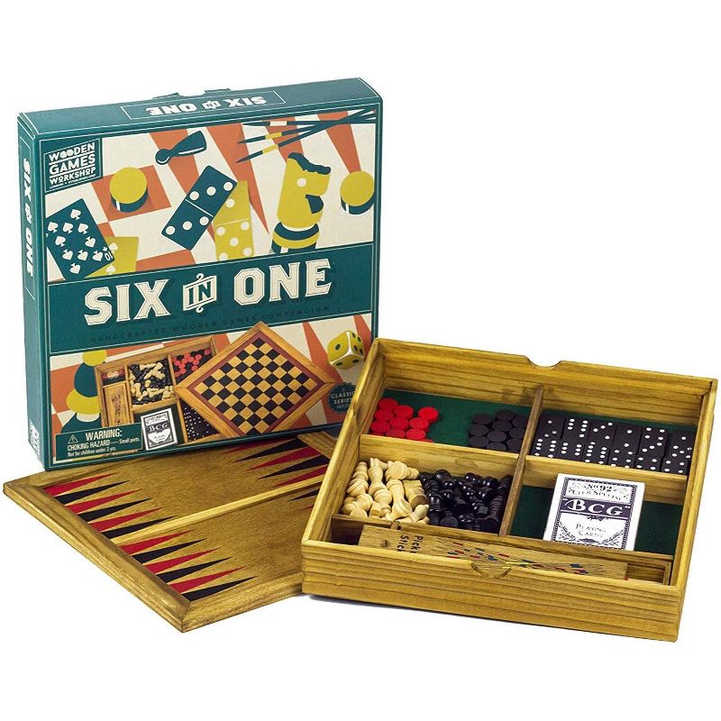 Professor Puzzle Wooden Games Portable Six in One Combination Game Set Compendium, 1 of 5