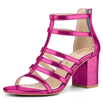 Allegra K Women's Cage Strappy Back Zipper Gladiators Chunky Heels Sandals