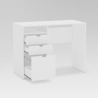 White Compact Writing Desk with Drawers and Shelf