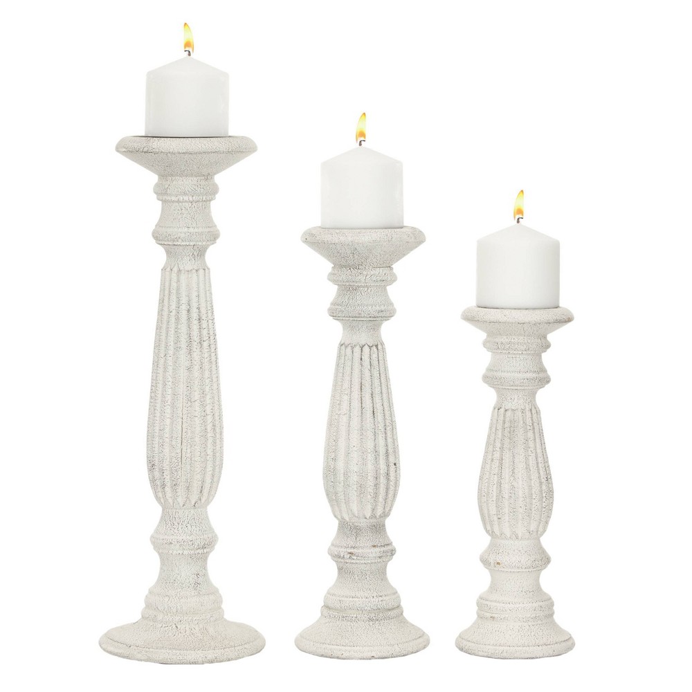 Photos - Figurine / Candlestick Set of 3 Traditional Wooden Pillar Candle Holders White - Olivia & May
