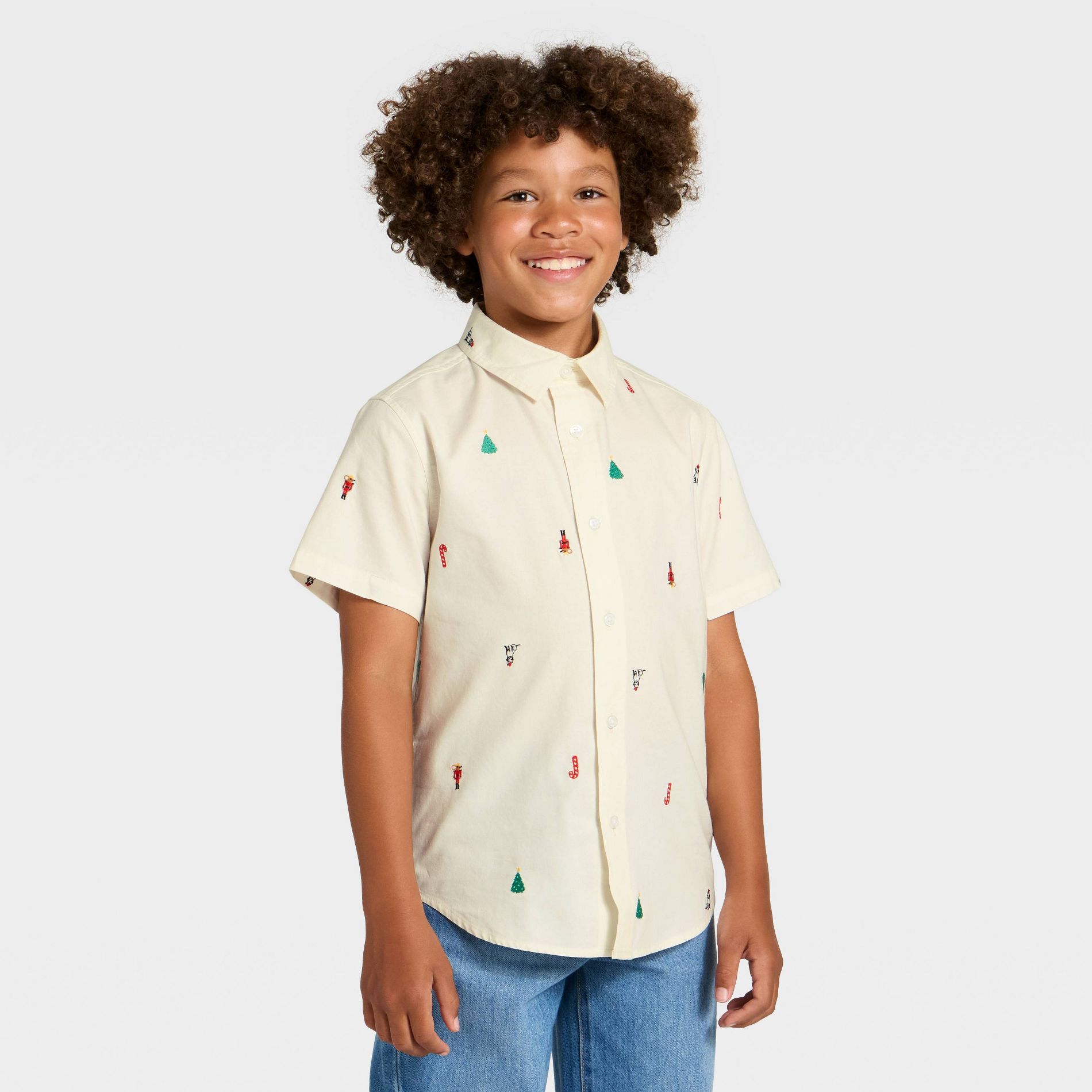 Boys' Short Sleeve Holiday Embroidered Button-Down Shirt - Cat & Jack™ Cream