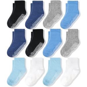 Cozyway Non-Slip Crew Grip Toddler Socks, 12 Pack for Boys, Black/White/Gray/Blue/Light Blue, 3-5 Years Old - 1 of 4