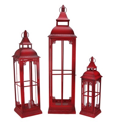 Melrose Set of 3 Red Weathered Metal & Glass Pillar Candle Lanterns - 38"