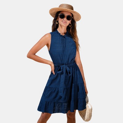 Women's Breezy Navy Sleeveless Tiered Dress with Self-Tie Belt - Cupshe
