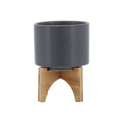 VisioGear 7" Tall Round Planter with Wooden Stand, Plant Pots for Living Room, Bedroom, Matte Gray, 5"*5"*7"