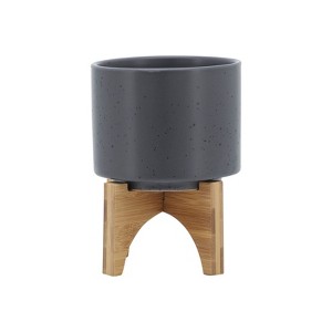 VisioGear 7" Tall Round Planter with Wooden Stand, Plant Pots for Living Room, Bedroom, Matte Gray, 5"*5"*7" - 1 of 4