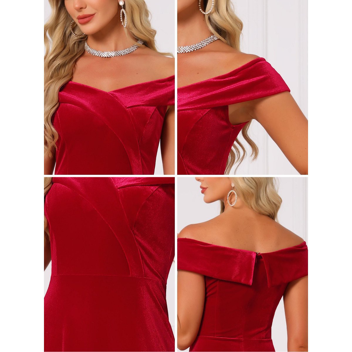 Женские платья INSPIRE CHIC Women's Velvet Off-Shoulder Vintage A-Line Cocktail Evening Dress X-Large Red — фото 5