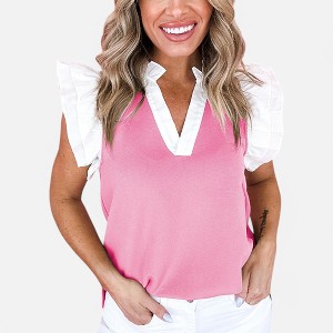 Amaryllis Women's Ruffle Sleeve Blouse V-Neck Contrast Trim Elegant Statement Top Versatile - 1 of 4