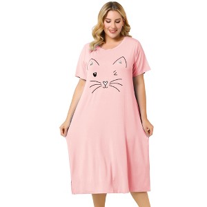 Agnes Orinda Women's Plus Size Soft Knit Cute Cat Print Short Sleeve Split Hem Pockets Midi Sleep Shirts Nightgowns - 1 of 4