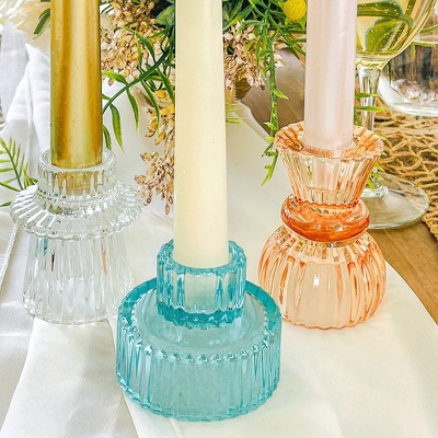 Blue Ribbed Glass Dual-Sided Candlestick and Tealight Holders Set
