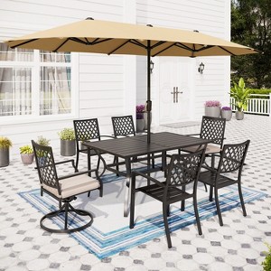 Captiva Designs 8pc Outdoor Slat-top Rectangular Steel Dining Table & Black Steel Chairs & Beige Umbrella - 1 of 4