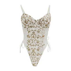 Clearlove Women Lace Up Floral Embroidered Teddy Lingerie Bodysuit Top Mesh Sheer One Piece - 1 of 4