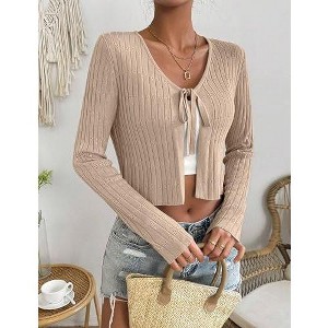 Women's Casual Tie-Front Cardigan - Lightweight Long Sleeve Knit Sweater with Chest Tie Detail - 1 of 4