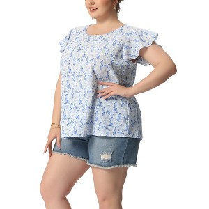 Agnes Orinda Women's Plus Size Floral Ruffle Short Sleeve Chiffon Round Neck Casual Summer Blouses - 1 of 4