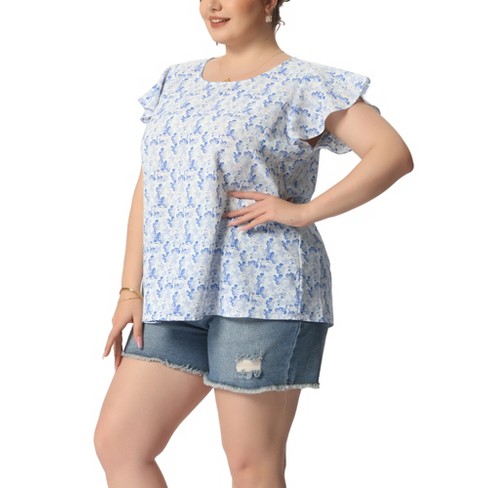 Agnes Orinda Women's Plus Size Floral Short Sleeve Casual Blouse Blue White  3X