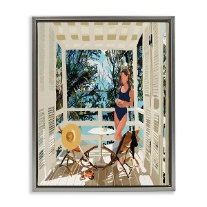 Stupell Industries Woman Coastal Beach Canopy Summer Ocean Scene Floating Frame Canvas Art - 1 of 4