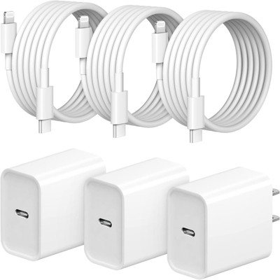 BRINJOY 3-Pack 20W PD Fast Charger Set - USB C Wall Plug with 6ft iPhone Charging Cables, White