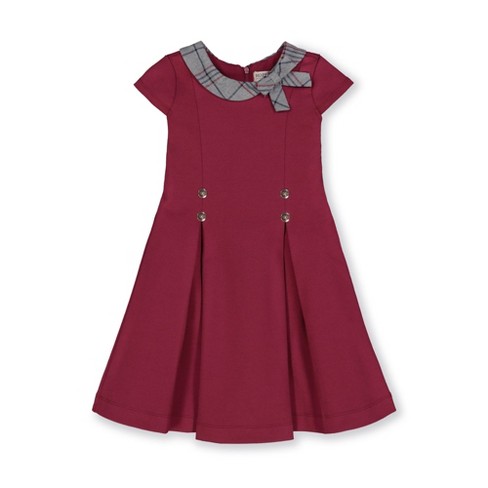 Hope & Henry Girls' Pleated Ponte Dress with Woven Collar and Bow (Berry  with Grey Plaid Trim, 3-6 Months)