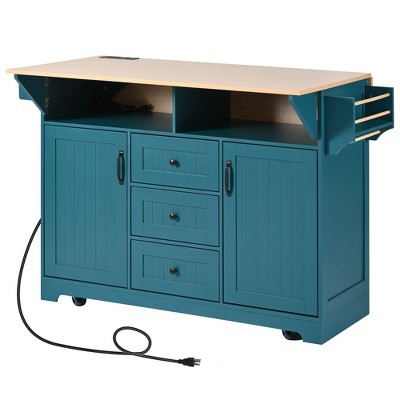 OUTSUPPLY Large Kitchen Island with Drop Leaves, Rolling Cart with 3 Drawers, Spice Rack for Dining & Storage