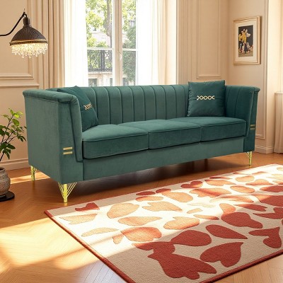 83.5" Velvet 3-Seater Chesterfield Sofa,Vertical Channel Tufted Couch with Gold Metal Legs & 2 Pillows for Living Room-Baofuwish
